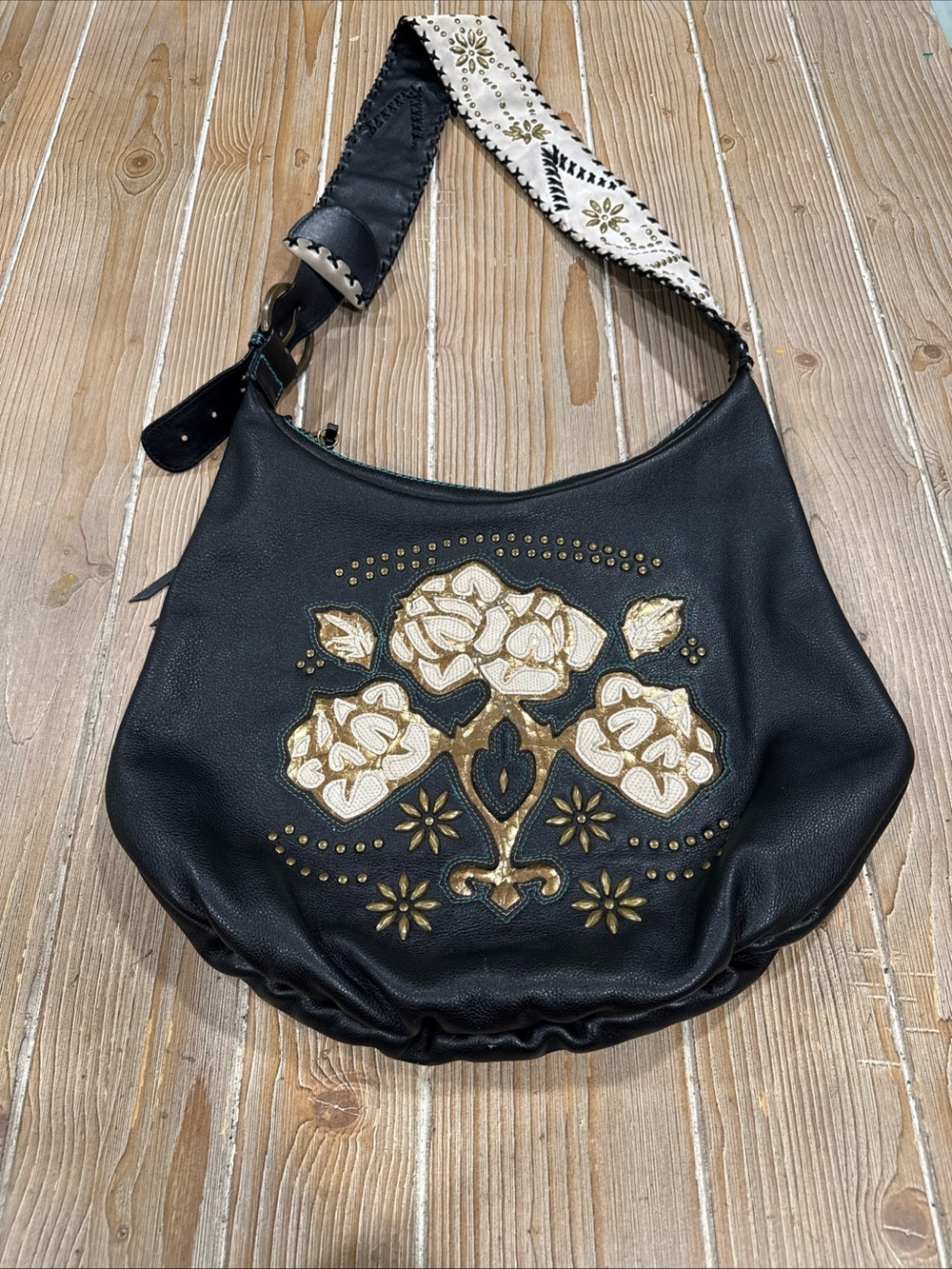 VTG Y2K Parcel BLK Leather Slouchy Hobo Bag Studded Gold Floral Love Purse Rare
